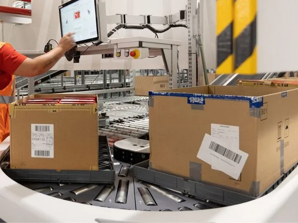 Cardboard boxes transported on plastic trays