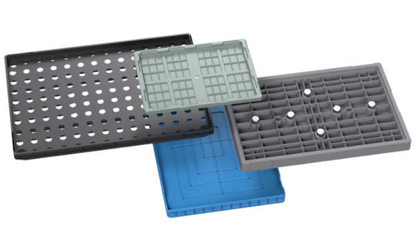 Various plastic trays for logistics automation