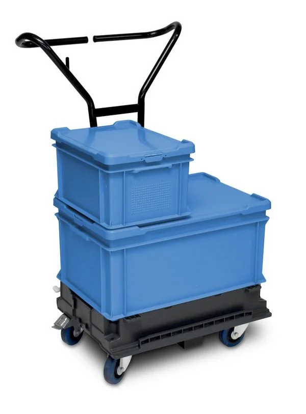 Cajas t&eacute;rmicas azules en el sistema de transporte DOLLYFIX