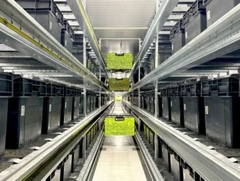 Automated warehouse full of Utz containers at E. Leclerc