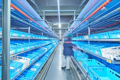 Regały EDEKA wypełnione pojemnikami E-Performance