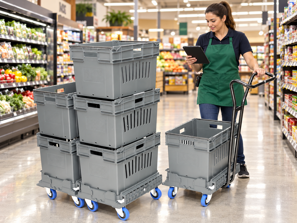 Nestable containers loaded onto DOLLYFIX dollies in operation in supermarket